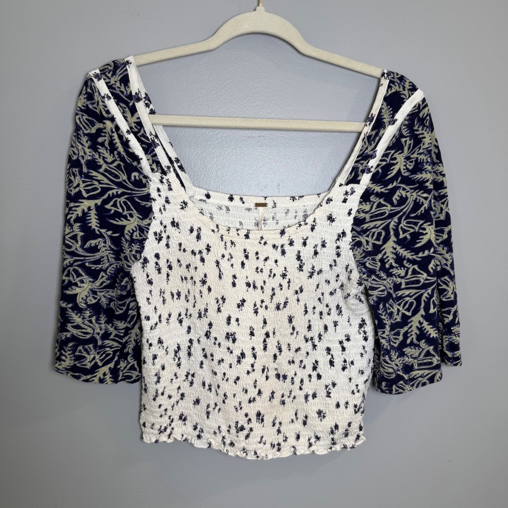 Free People Smocked Floral Square Neck Bell Sleeve Top OB1434162 Navy Cream S